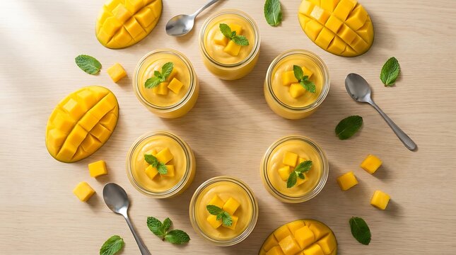 Fresh mango mousse cups with mint garnish and sliced tropical fruit pieces on a colorful table top. Mango Mousse Recipe