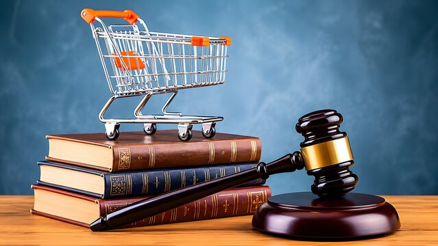 Miniature metal shopping cart resting on stacked books beside a wooden gavel. Concept of consumer protection rights and retail commercial litigation.