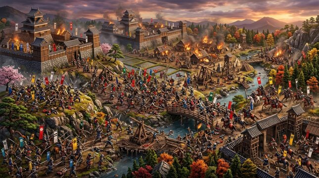 Epic historical battle scene with ancient architecture and armies