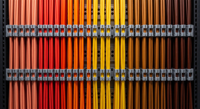 Colorful network cables in server rack, organized ethernet patch cords in data center, structured cabling system