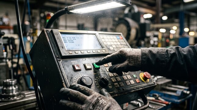 Industrial worker hand pressing green start button on CNC machine control
