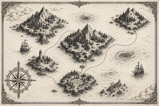 Vintage ink treasure map of island archipelago with ships