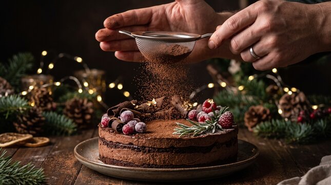 Christmas chocolate cake being dusted with cocoa powder by hands, festive holiday lights and pine branches in background