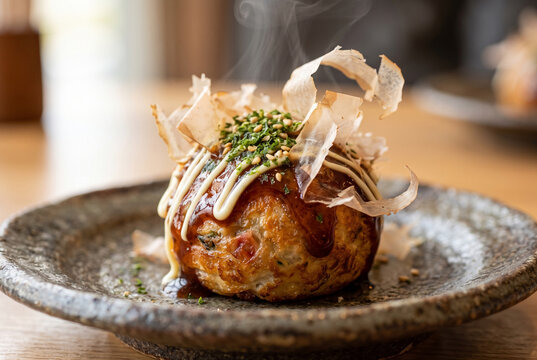 Close up of hot Japanese takoyaki with dancing bonito flakes on rustic ceramic plate