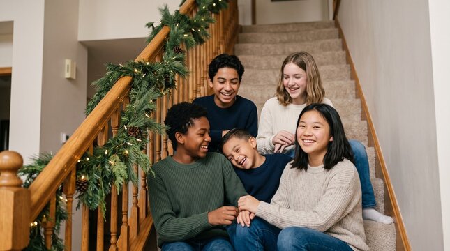 Diverse group of happy children and teenagers celebrating Christmas sitting on a staircase adorned with festive greenery and lights