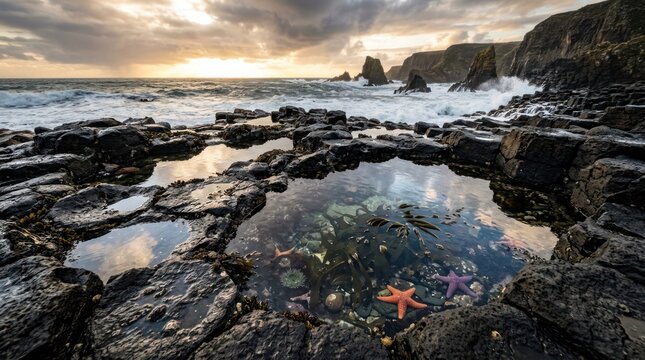 Tidal pool marine life with rocky coastline at sunset