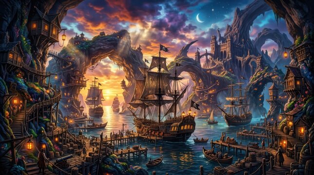 Fantasy pirate ships harbor at sunset
