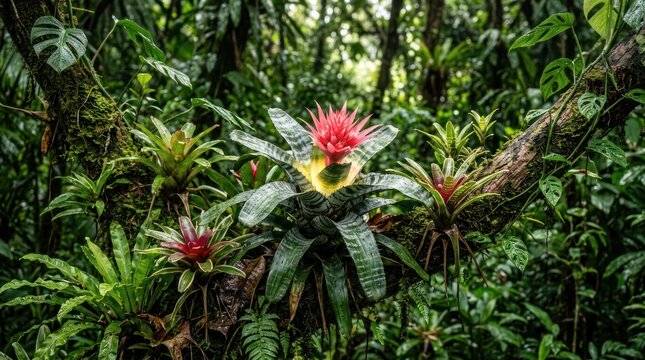 Tropical rainforest flora exotic bromeliad flower plant
