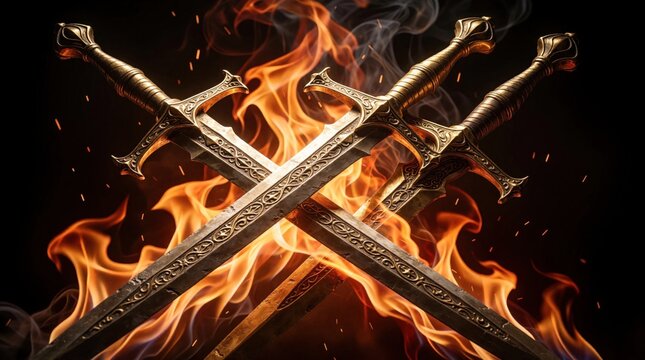 Ornate golden swords crossed in bright flames and dark background. Intense battle scene symbolizing power strength and epic fantasy adventures. Metal weapon art sparks fly.
