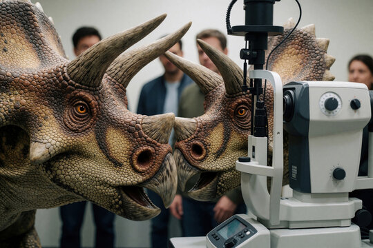 Triceratops dinosaurs look at modern autorefractor inside medical office. Group of people watch prehistoric creatures during vision test experiment. Science fiction scene blends extinct animals with