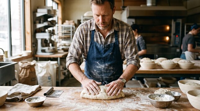 Baker Kneading Dough in a Flour Dusted Bakery Kitchen with Ovens and Racks in Background