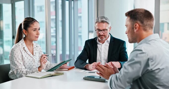 Human resources, recruitment or business people with tablet in office for hiring opportunity. Conversation, meeting or interview with happy managers and candidate with tech, resume feedback or review