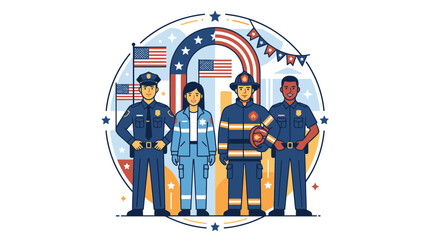 Naklejka premium Diverse First Responders Team USA American Flag Patriotic Service Heroes