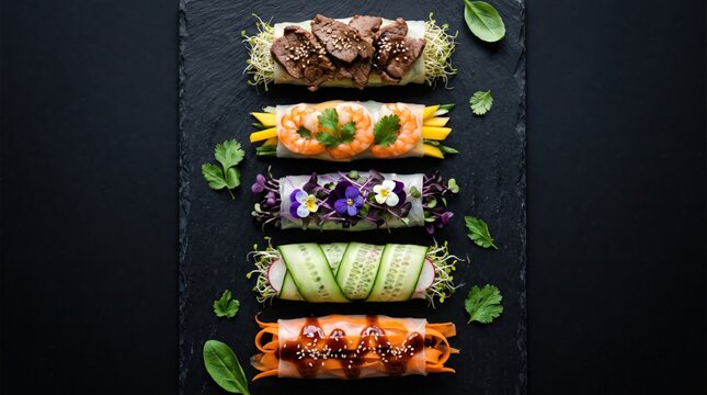 Fresh Vietnamese spring rolls with diverse fillings like beef, shrimp, and vibrant vegetables are artfully arranged on dark slate. This healthy, gluten-free meal emphasizes culinary diversity.
