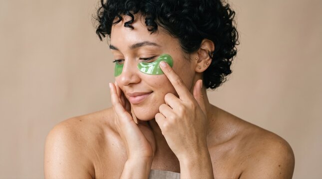 Young woman smiles while applying green hydrogel eye patches, embracing a daily wellness and self-care routine for radiant skin.