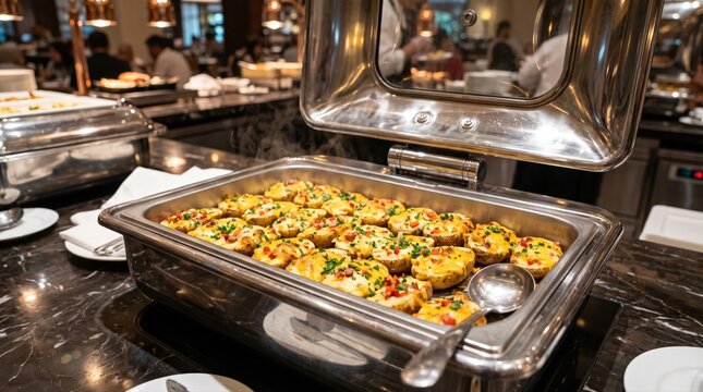 Steaming baked potatoes with melted cheese and fresh herbs are presented in a hotel buffet chafing dish. This display offers premium hospitality and a diverse culinary experience.