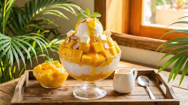 Refreshing mango bingsu with sweet mango chunks, shaved ice, and creamy vanilla ice cream. This vibrant tropical dessert offers a delightful indulgence, perfect for summer menus.