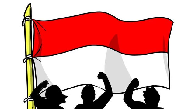 Animated Indonesian flag waving on a bamboo pole with silhouettes of people cheering for Independence Day