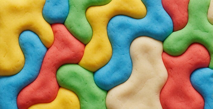 Bright pieces of colorful modeling clay connect in puzzle arrangement. Soft dough shapes create vibrant texture pattern on flat surface. Creative handmade material looks playful for kids art project.
