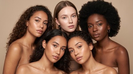 Fototapeta premium A close-up studio beauty portrait featuring a group of five multi-ethnic women with glowing natural skin posing together against a neutral beige background.