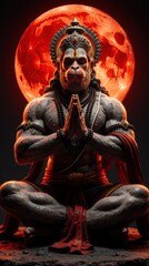 Fototapeta premium Lord Hanuman sits in lotus pose for meditation before giant red moon. Powerful Hindu deity performs prayer mudra with hands. Monkey god radiates divine energy, spiritual strength. Ancient