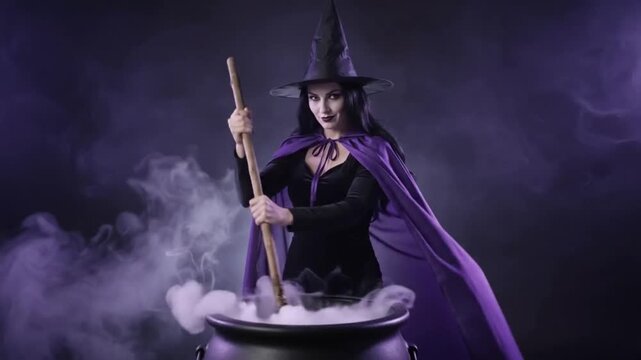 Mysterious Witch Brewing Potion: A captivating witch in a pointed hat and flowing cloak stirs a bubbling cauldron emitting mystical purple smoke, evoking a sense of enchantment and Halloween magic.