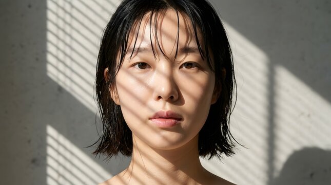Portrait of a young asian woman with wet hair and natural skin looking at camera portrait skincare