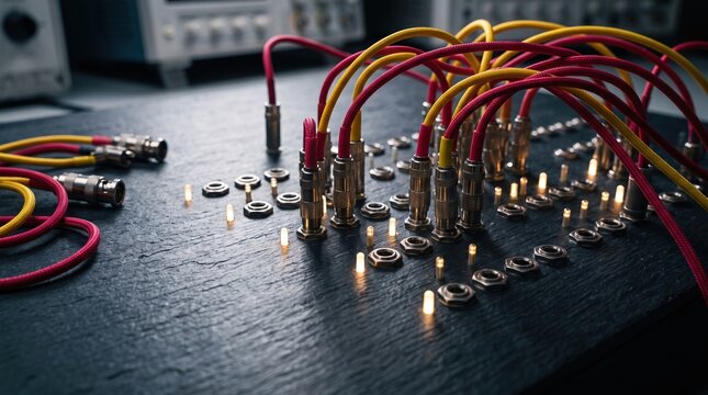 Close-up of Electronic Patch Panel with Red and Yellow Jumper Wires and Connectors in Laboratory