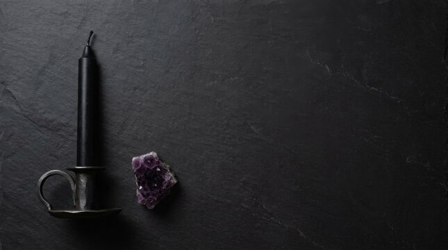 Mystical black candle and purple amethyst crystal on dark slate