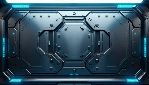 Futuristic metallic spaceship hatch background with blue neon lights