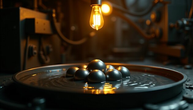 Futuristic metallic spheres on a reflective surface under a glowing li