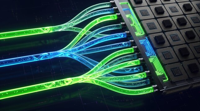 Futuristic Glowing Fiber Optic Cables and Liquid Cooling Tubes Connected to a High-Tech Processor Grid for High-Speed Data Transfer