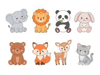 Fototapeta premium A collection of cute cartoon baby animals including an elephant lion panda rabbit bear fox deer and cat.