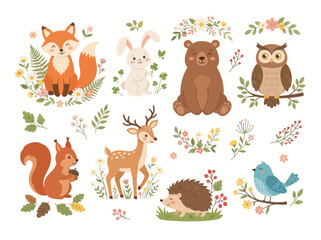 Obraz premium A collection of cute woodland animals including a fox rabbit bear owl squirrel deer hedgehog and bird.