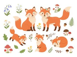 Fototapeta premium A collection of cute cartoon foxes in various poses with forest elements.