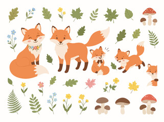 Naklejka premium A collection of cute cartoon foxes with forest elements like leaves and mushrooms.