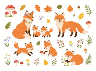 Fototapeta premium A collection of cute cartoon foxes in various poses with autumn forest elements.
