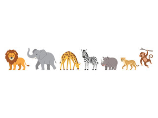 Obraz premium A collection of cute cartoon safari animals standing in a row.