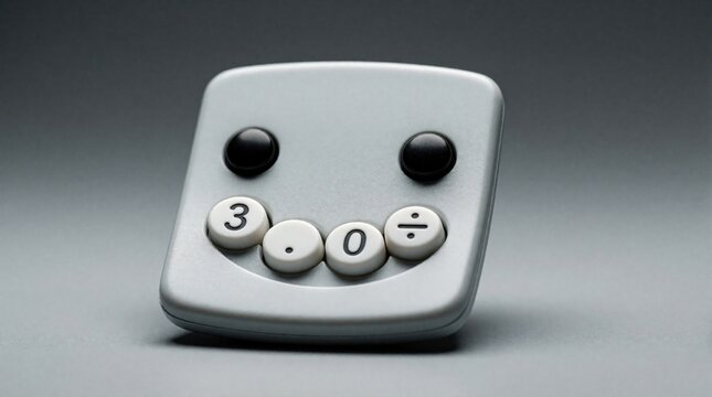 A light gray calculator with black button eyes and number buttons forming a smile sits on a gray studio backdrop. Its simple, curved design suggests a friendly approach to math and finance.