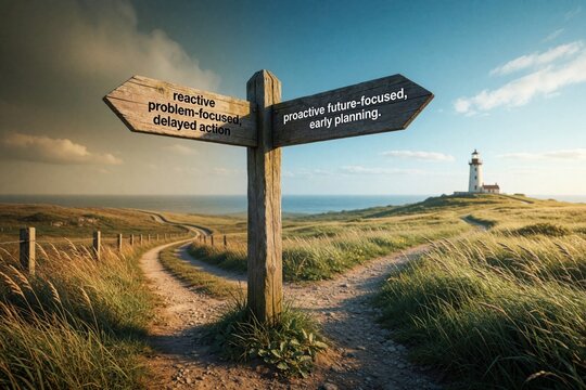 Wooden signpost stands on trail fork in field with lighthouse. Choice between reactive problem focused versus proactive future planning path directions. Concept of business strategy development,