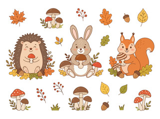 Naklejka premium Cute woodland animals with autumn mushrooms and leaves collection.