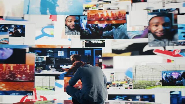 A distressed man experiences social anxiety and information overload from excessive platform use, showing low self-esteem and the pressure of obsessive social media habits.