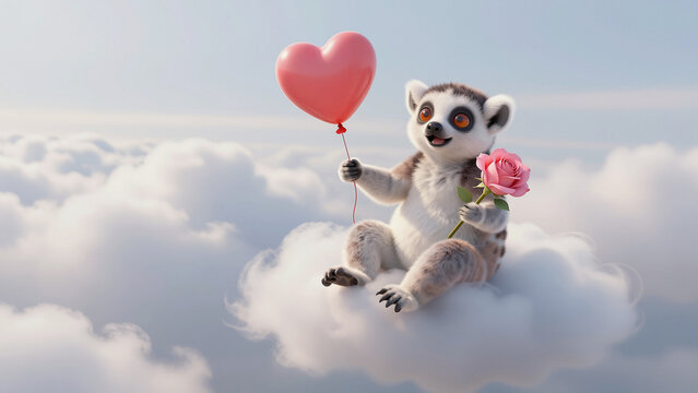 Playful happy lemur flying on a cloud with colorful balloons and red rose. Greeting postcard.