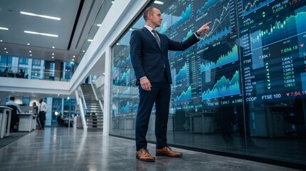 Fototapeta premium Financial Analyst Points to Stock Market Data on Large Digital Display in Modern Office