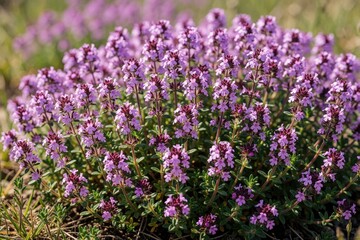 Obraz premium Blooming wild thyme plants grow in sunny summer field. Small purple flowers cover green stems of aromatic herbs on nature meadow. Botany experts study medicinal thymus bushes. Fresh organic flora