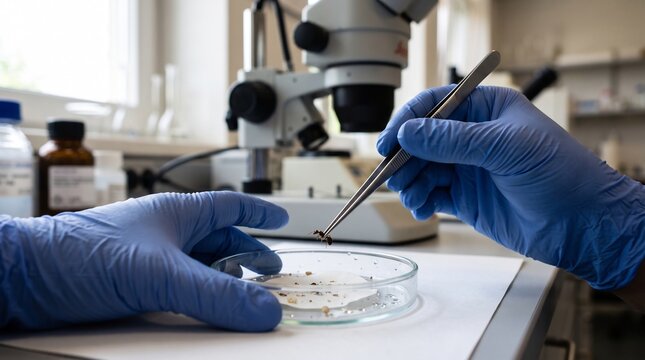 Detailed View of Scientific Specimen Handling Where a Gloved Hand Carefully Transfers an Insect into a Petri Dish for Microscopic Biological Examination