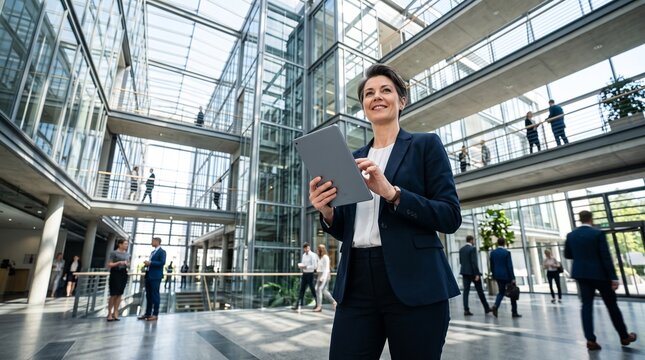 Confident businesswoman using a tablet in a modern glass office building atrium with people walking in the background