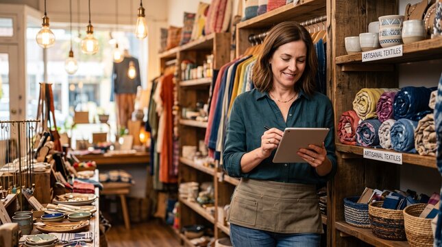 Smiling woman small business owner using tablet in boutique store checking inventory of artisanal textiles and clothing