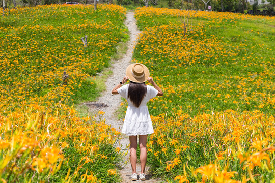 Woman walking on path in Taitung daylily fields