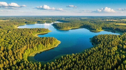 Obraz premium Aerial view of Mazury lakes in Poland surrounded by dense green pine forests. Beautiful summer landscape with crystal blue water basins, tree vegetation. Nature scenery offers peaceful environment